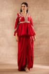 Buy_JAYANTI REDDY_Red Silk Embroidered Zardozi V Neck Peplum Top And Draped Skirt Set  _at_Aza_Fashions