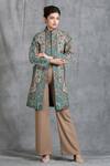 Buy_Dusala_Green Pashmina Thread Band Collar Paisley Pattern Long Jacket_at_Aza_Fashions