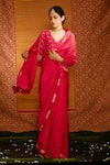 Buy_Deep Thee_Red Chiniya Embroidery Paisley V Neck Sita Border Saree With Blouse _at_Aza_Fashions