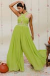 Buy_Redpine Designs_Green Georgette Hand Embroidered Moti Halter Neck Jumpsuit _at_Aza_Fashions