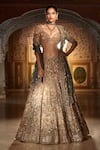 Buy_Seema Gujral_Gold Organza Embroidered Zardozi Leaf Neck Bridal Lehenga Set _at_Aza_Fashions