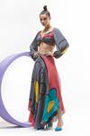 Buy_Nautanky_Grey Natural Crepe Printed Flower V Neck Puffed Sleeve Crop Top And Skirt Set _at_Aza_Fashions