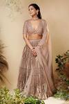Buy_Reeti Arneja_Brown Taffeta, Organza Sequins V-neck Moonlight Pleated Lehenga Set _at_Aza_Fashions