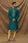 Buy_Samyukta Singhania_Blue Kurta Jacquard Banarasi Brocade Botanical Pattern And Churidar Set _at_Aza_Fashions