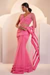 Buy_Shloka Khialani_Pink Net Embellished Floral V Neck Claire Pre-draped Saree With Blouse  _at_Aza_Fashions