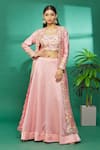 Buy_Surbhi Shah_Pink Jacket And Bustier Pure Spun Silk Embroidered Hand & Lehenga Skirt Set _at_Aza_Fashions