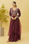 Buy_Samyukta Singhania_Maroon Kurta  Dola Silk And Semi Organza Embroidered Floral V Neck & Palazzo Set _at_Aza_Fashions