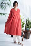 Buy_Pants and Pajamas_Red Hand Woven Cotton Embroidered Floral V Neck Aboli Kurta _at_Aza_Fashions