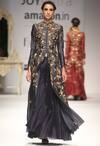 Buy_Joy Mitra_Grey Chanderi Embroidered Mandarin Collar Skirt Set For Women_at_Aza_Fashions