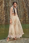 Buy_Nandita Thirani_Peach Tulle Embroidery Floral Motifs Overlay Sheer And Bell Bottom Set _at_Aza_Fashions