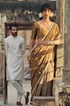 Buy_Taisha_Green Saree Katan Silk + Tissue Woven Striped V Neck Floral And With Blouse _at_Aza_Fashions