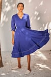 Buy_Kharakapas_Blue Cotton Poplin Embroidered Running Bustling Wind Midi Dress  _at_Aza_Fashions