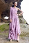 Buy_Yogita Kadam_Pink Pure Muslin Hand Embroidered Pearls One Draped Cowl Dress  _at_Aza_Fashions