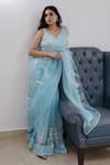 Buy_Gul By Aishwarya_Blue Saree  Silk Organza Hand Embroidered Zardosi Leaf Neck Set  _at_Aza_Fashions