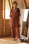 Buy_Raiman_Brown Modal Satin Embroidered Floral V Neck Kaftan Dress And Pant Set  _at_Aza_Fashions