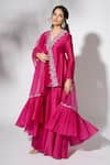 Buy_The Aarya_Pink Chanderi, Viscose Embroidery V-neck Kurta Gharara Set _at_Aza_Fashions