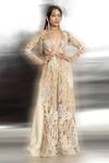 Buy_Abhishek Sharma_Ivory Net Embellished 3d Coral Reef Plunge V Jacket And Flared Pant Set  _at_Aza_Fashions