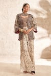 Buy_Aditi Somani_Beige Georgette, Brocade Tassels, Cut Work Printed Kimono Jacket And Pant Set _at_Aza_Fashions