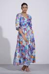 Buy_AFFROZ_Blue Russian Silk Printed Floral V Neck Maxi Dress _at_Aza_Fashions