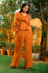 Buy_OMANA BY RANJANA BOTHRA_Orange Satin Plain V Neck Cowl Sleeve Top And Trouser Set _at_Aza_Fashions