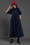 Buy_MATI_Blue Cotton Round Neck Raglan Balloon Sleeve Dress _at_Aza_Fashions