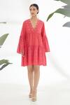 Buy_Nikasha_Fuchsia 100% Cotton Mirror Scallop V Neck Bell Sleeve Tiered Dress _at_Aza_Fashions
