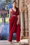 Buy_Mehak Murpana_Red Crepe Embroidery Leaf V Neck Pant Saree With Blouse _at_Aza_Fashions