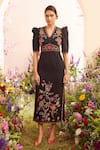 Buy_Chandrima_Black Kala Cotton Embroidery Bead And Thread V Neck Floral Puff Sleeve Dress _at_Aza_Fashions