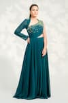 Buy_Tamaraa By Tahani_Green Georgette Embroidered Crystals Dela High Collar One Shoulder Pleated Gown _at_Aza_Fashions