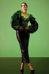 Buy_Sameer Madan_Green Faux Leather, Jersey, Cotton Lace Sweetheart Achlys Balloon Sleeve Corset _at_Aza_Fashions