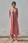 Buy_Juanita by Shubhda_Pink Handwoven Cotton Silk Printed Floral Round Pintuck Kurta And Pant Set _at_Aza_Fashions