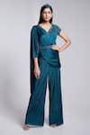 Buy_Suruchi Parakh_Green Crepe Embroidered Cutdana V Neck Pleated Draped Pant And Top _at_Aza_Fashions