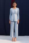 Buy_Pleats By Aruni_Blue Polyester V Neck Metallic Top And Culottes Set_at_Aza_Fashions