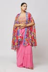 Buy_DiyaRajvvir_Pink Georgette, Modal Embroidery, Cut Work, Gharara Saree Set With Printed Cape _at_Aza_Fashions