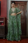 Buy_Arpita Mehta_Green Georgette Print Floral V Neck Mirror Embroidered Blouse And Gharara Set  _at_Aza_Fashions