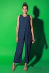 Buy_Echke_Blue Satin Round Neck Front Draped Solid Jumpsuit _at_Aza_Fashions