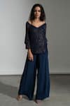 Buy_AMRTA by GUNEET KONDAL_Blue Plain V Neck Sorrento Crotchet Lace Top And Abu Dhabi Pant Set _at_Aza_Fashions