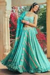 Buy_Show Shaa_Blue Lehenga And Blouse Satin Hand Embroidered Floral Scoop Neck Splash Set _at_Aza_Fashions