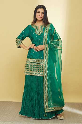 Buy_Surbhi Shah_Green Silk, Organza Embroidery, Gota Patti, Sequins, Dori Kurta Skirt Set _at_Aza_Fashions
