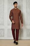 Buy_Samyukta Singhania_Brown Cotton Silk Printed Stripe Mandarin Collar Kurta_at_Aza_Fashions
