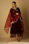 Buy_MONK & MEI BY SONIA ANAND_Maroon Organza Embroidery Scallop Zari Ruhani Floral Dupatta _at_Aza_Fashions