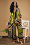 Buy_Soup By Sougat Paul_Green Cotton, Silk Embroidery V-neck Orchid Bloom Print Kimono Shirt With Pant _at_Aza_Fashions