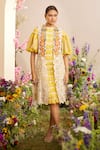 Buy_Chandrima_Yellow Cotton Embroidery Bead And Thread Round Tie Dye Ruched Midi Dress _at_Aza_Fashions