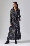 Buy_Klad_Black Crepe Printed Floral Collared Neck Front-open Maxi Dress With Belt_at_Aza_Fashions