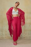 Buy_Style Junkiie_Pink Self Pattern Georgette Embellished Fringes Open Asymmetric Cape _at_Aza_Fashions