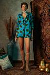 Buy_Esha L Amin_Blue Viscose Crepe Printed Blotch Spread Collar Shirt _at_Aza_Fashions