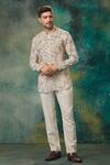 Buy_SAMMOHAN CEREMONIAL_Beige Linen Viscose Printed And Embroidered Floral Ditsy Short Kurta Set For Men_at_Aza_Fashions
