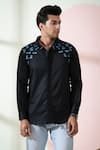 Buy_Hilo Design_Black Cotton Satin Embroidery Thread Placement Shirt _at_Aza_Fashions