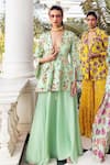 Buy_DiyaRajvvir_Green Modal And Georgette Print Flower Deep V Floral Jaal Pattern Top With Sharara _at_Aza_Fashions