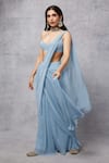 Buy_Senren by Eshana Raut_Blue Lycra Deep V Neck Pre-draped Glitter Finish Saree With Blouse _at_Aza_Fashions